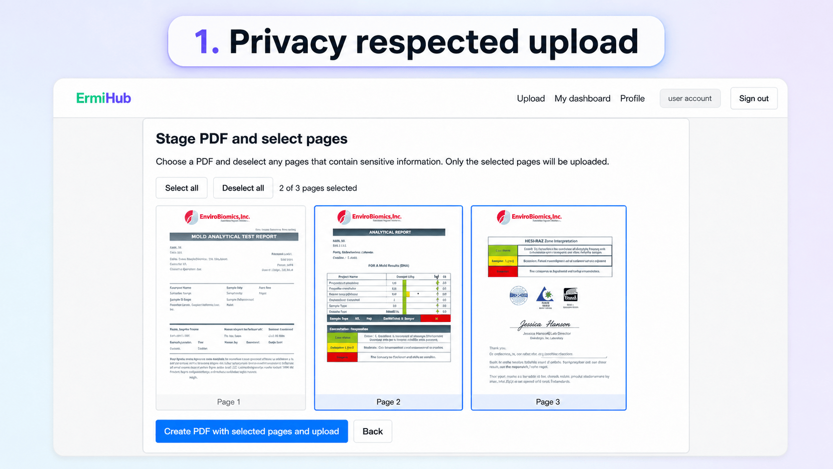 ErmiHub privacy-respected PDF upload flow